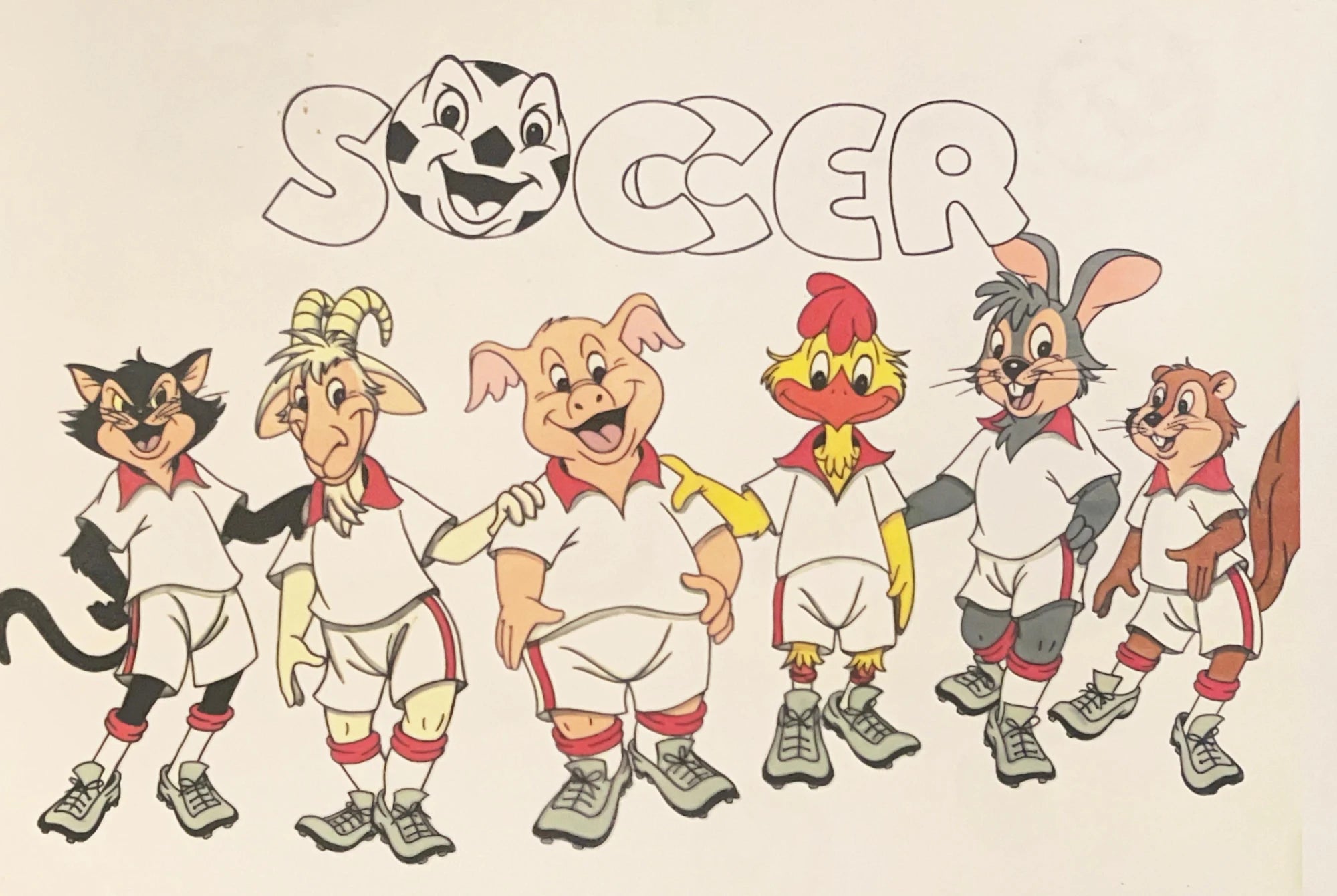 The original Soccertes characters: a team of animals in kit beneath the word SOCCER